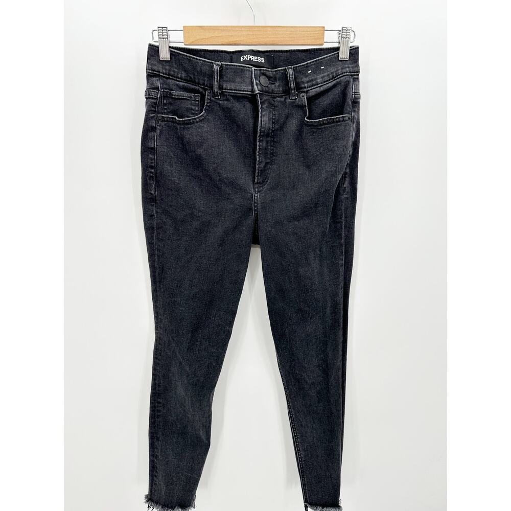 Express Women's Black Hi Rise Skinny Jeans Raw Hem Denim Stretch Size 27